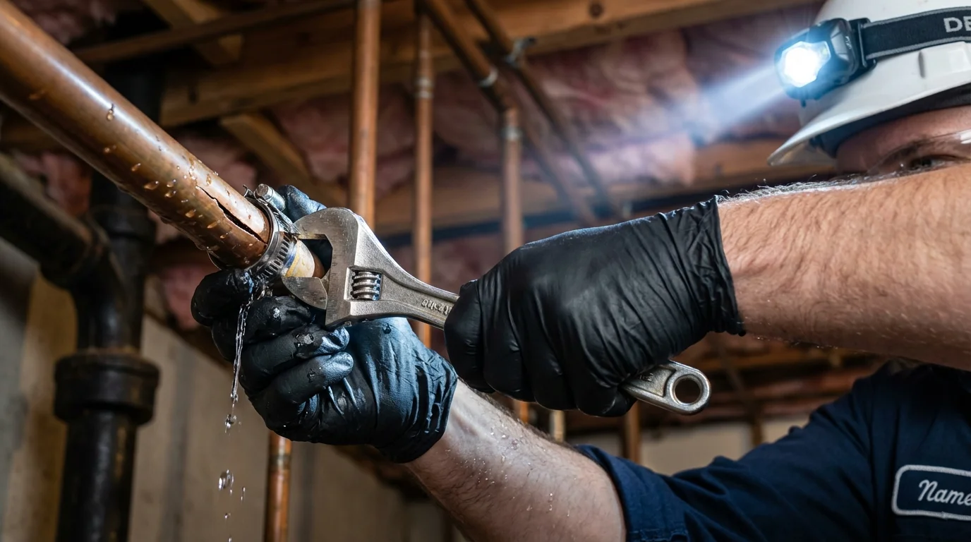 Emergency pipe clamp repair being performed by a Johns Plumbing LLC plumber in Lyme