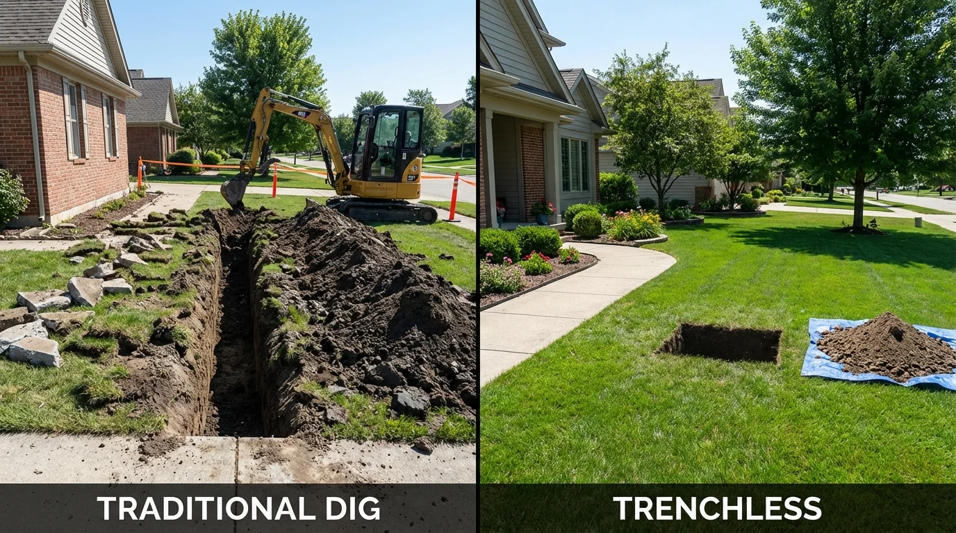 Trenchless sewer repair with minimal yard damage versus traditional excavation in Lyme, NH