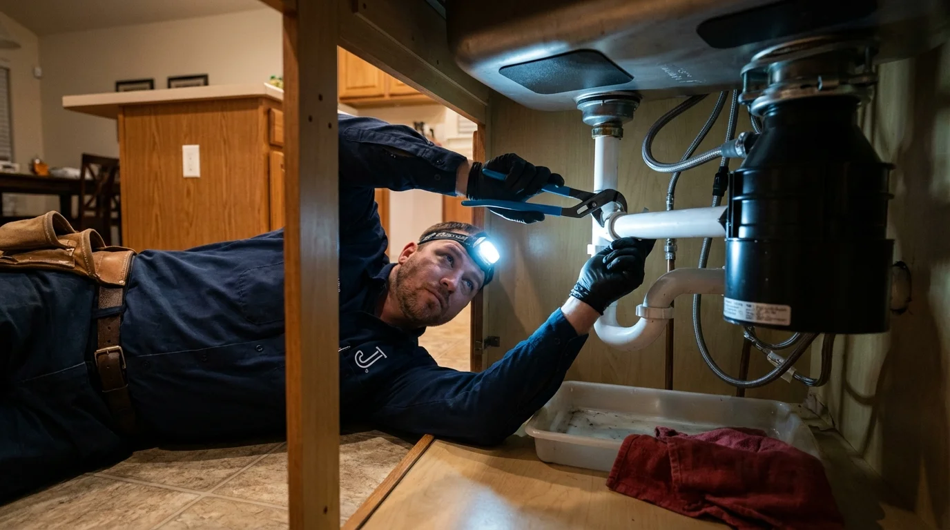 P-trap and supply line connections under a kitchen sink showing a common leak point in Lyme, NH